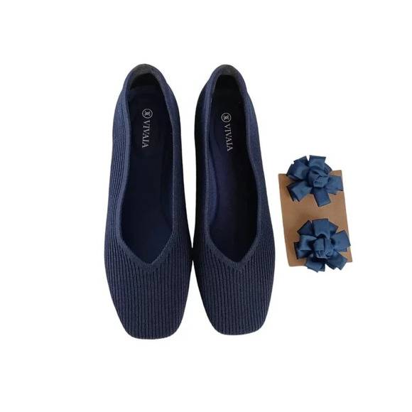 Vivaia Women's Square Toe V-Cut Sz 10 EUR 41. 5  Lole Navy Knit Margot 2.0 Flats - Picture 4 of 8